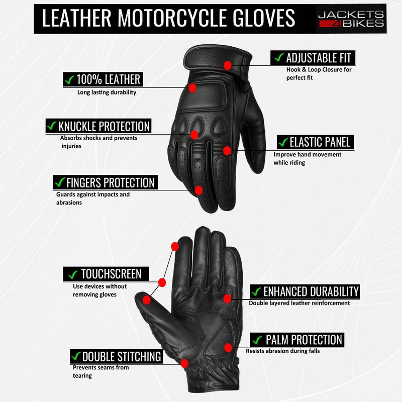 Jackets 4 Bikes Motorcycle Gloves - Goatskin Leather, Touchscreen, Classic Vintage Design for Men Women, Anti-Slip Protective Motorbike Cruiser Biker Glove Black XL - Image 4